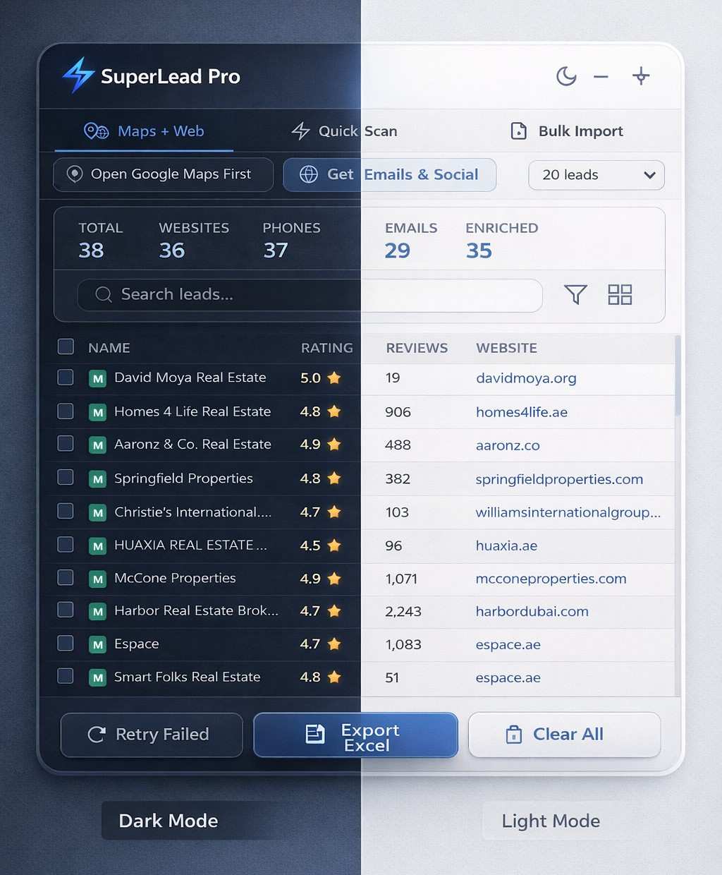 SuperLead Pro dark mode on left, light mode on right