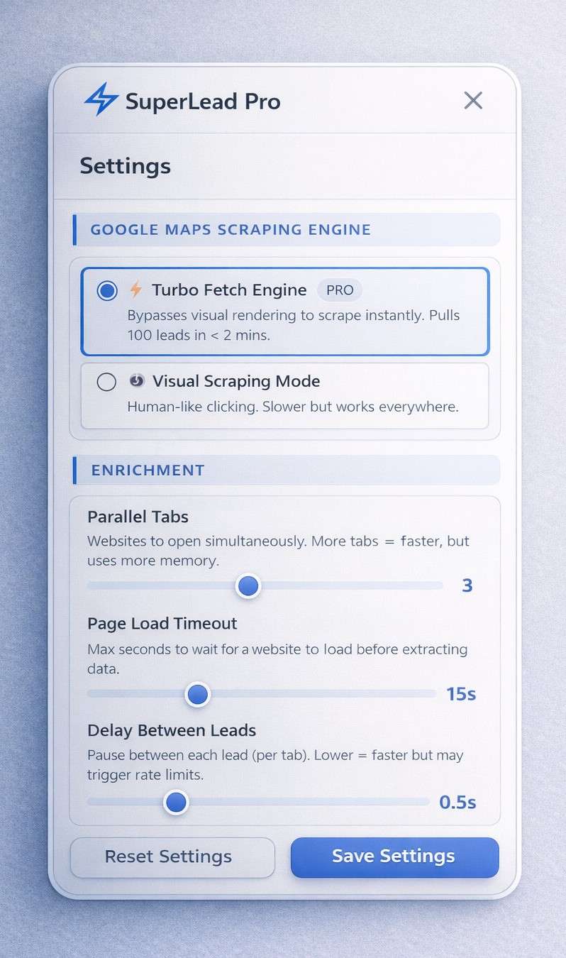 Customizable settings panel showing speed and parallel tab controls